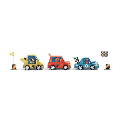 Finished racing cars made with the Djeco Grand Prix DIY kit, decorated and ready for racing play
