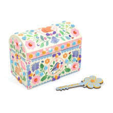 Finished Djeco Precious Treasure chest decorated with shiny mosaic and gemstone stickers, ready to store keepsakes