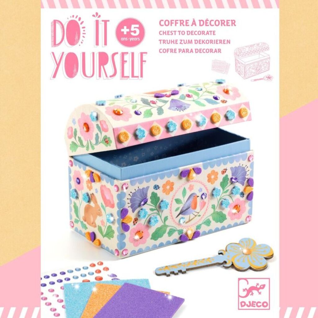 Step-by-step instruction sheet from the Djeco Precious Treasure kit guiding children through decorating the chest