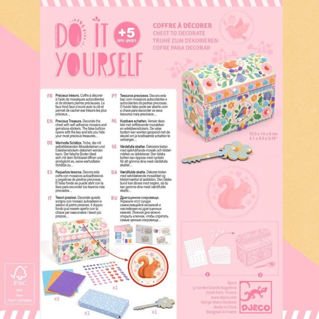 Djeco Do It Yourself Precious Treasure craft kit box, a sticker mosaic activity for children aged 5 and over