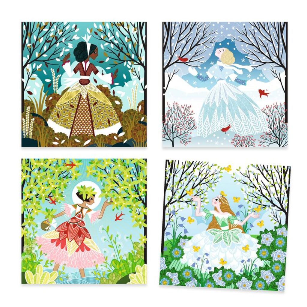 All four finished dress pictures completed in metallic foil with rhinestones added
