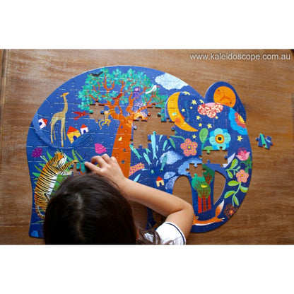 Close-up of the detailed patterns on pieces of the Djeco elephant art silhouette puzzle