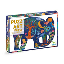 Djeco 150 piece elephant art jigsaw puzzle that completes into an elephant-shaped silhouette for kids