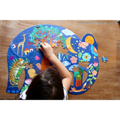 Djeco 150pc elephant puzzle box with an illustration of the finished elephant-shaped artwork