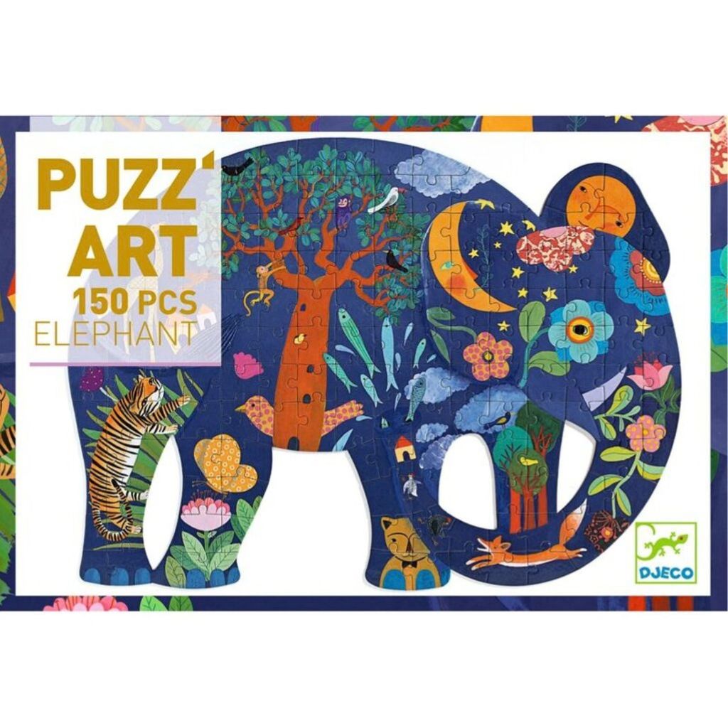 Size of the finished Djeco 150pc elephant silhouette puzzle compared with its box