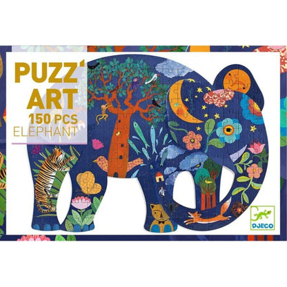 Size of the finished Djeco 150pc elephant silhouette puzzle compared with its box