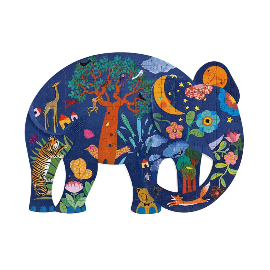 Completed Djeco elephant silhouette puzzle showing its rich, patterned artistic illustration