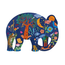 Completed Djeco elephant silhouette puzzle showing its rich, patterned artistic illustration