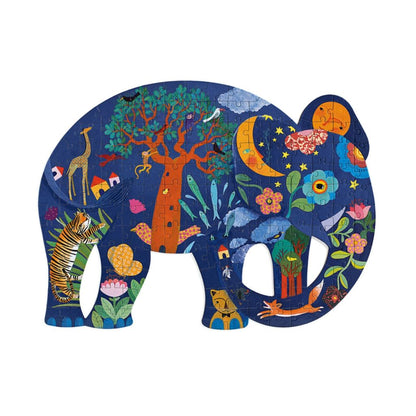 Completed Djeco elephant silhouette puzzle showing its rich, patterned artistic illustration