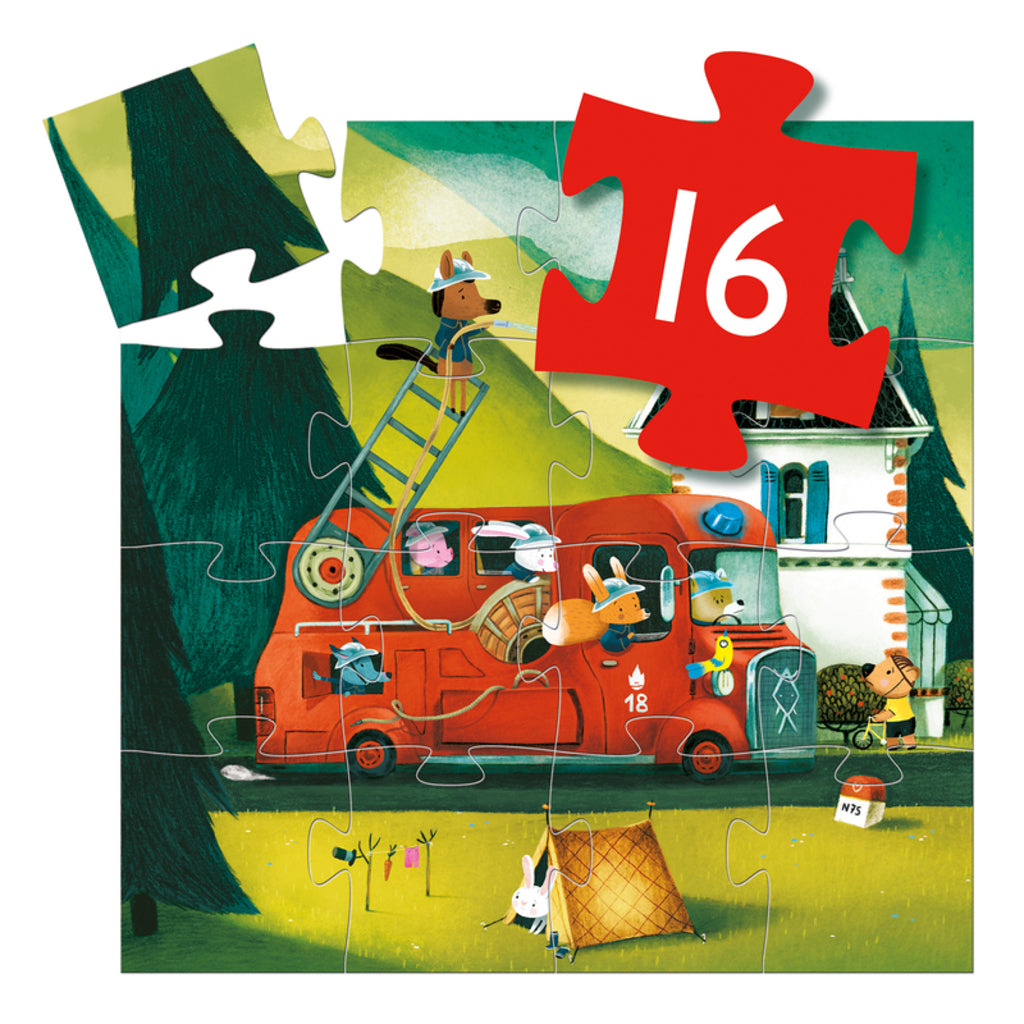 Completed Djeco fire truck silhouette puzzle showing its bold illustrated firefighters and ladder