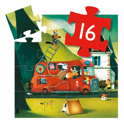 Completed Djeco fire truck silhouette puzzle showing its bold illustrated firefighters and ladder