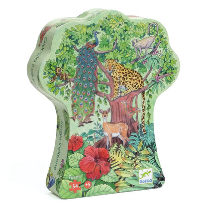 Djeco Indian Jungle 54 piece silhouette jigsaw puzzle featuring colourful jungle animals and tropical plants