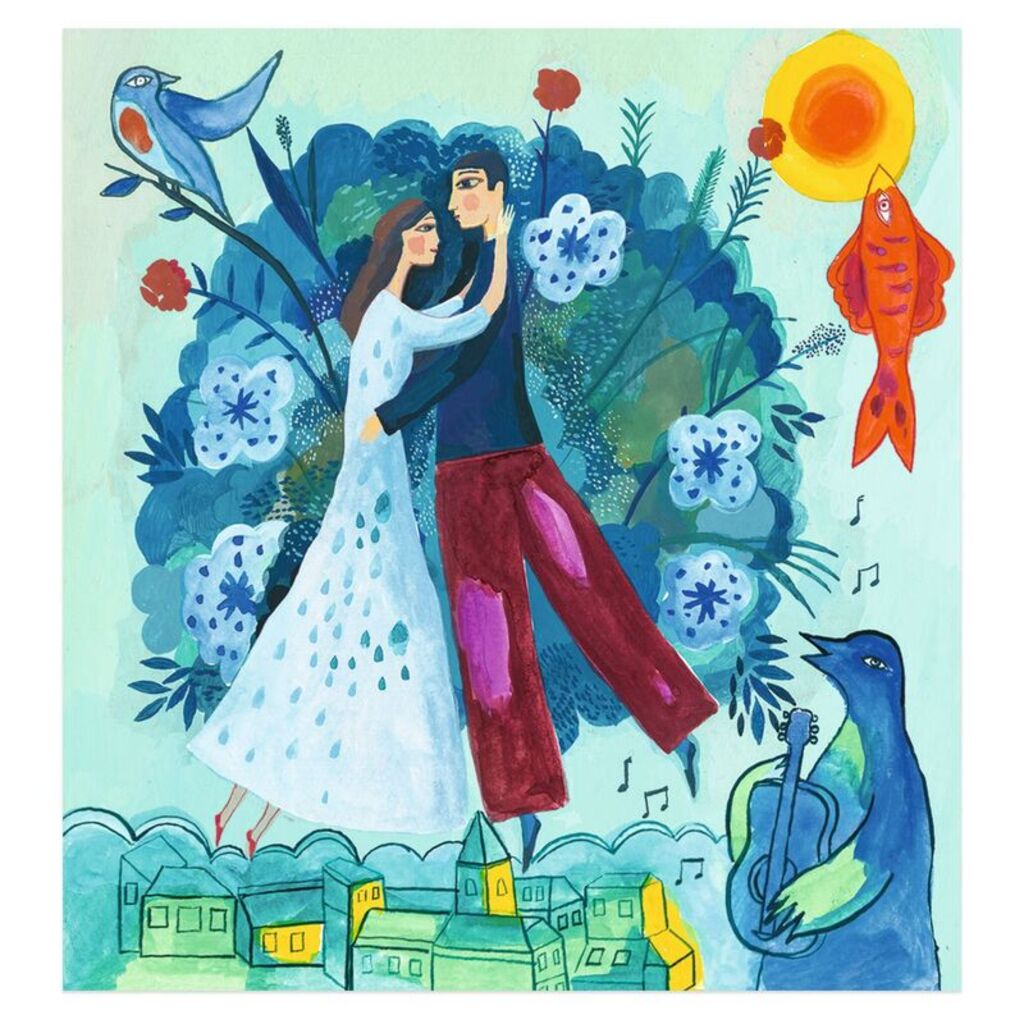 Gouache paint pots and brush included in the Djeco In a Dream art kit inspired by Marc Chagall