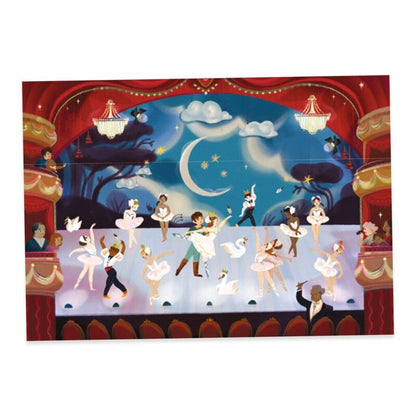 A completed stage scene with ballet dancers transferred across the printed background