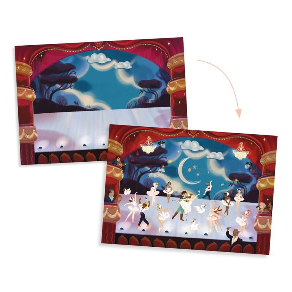 close-up of the rub-on transfer sheets showing dancers, costumes and stage details