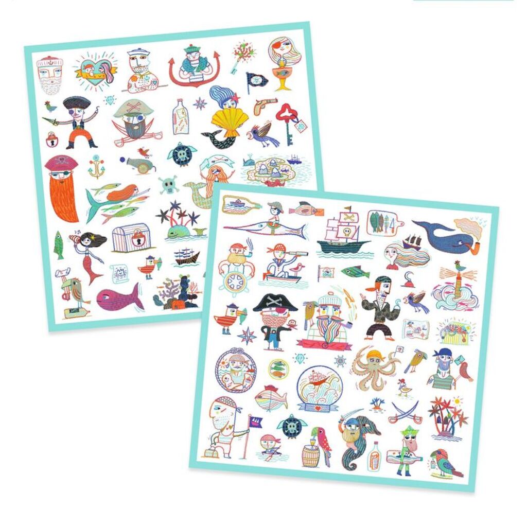 Both pirate sticker sheets laid flat showing captains, parrots, ships and treasure