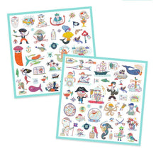 Both pirate sticker sheets laid flat showing captains, parrots, ships and treasure