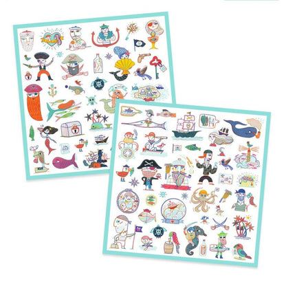 Both pirate sticker sheets laid flat showing captains, parrots, ships and treasure
