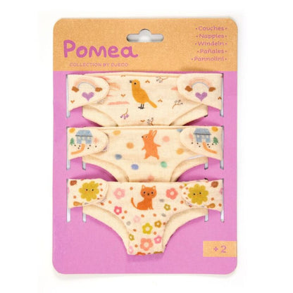 Djeco Pomea doll nappies 3 pack in soft printed fabric, designed to fit the Pomea doll range for caring role play