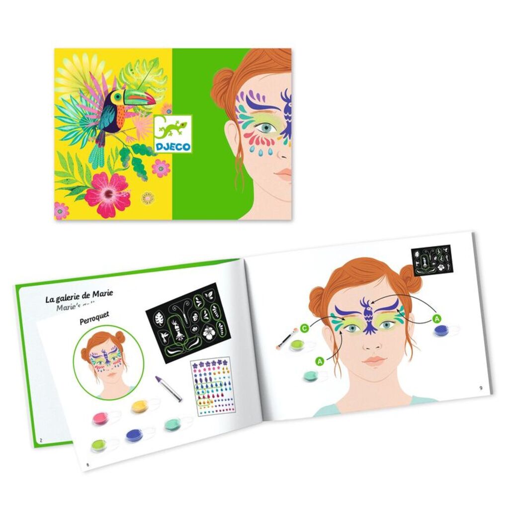Full kit contents: eyeshadows, brushes, sponges, skin stencils and adhesive gems