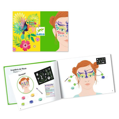 Full kit contents: eyeshadows, brushes, sponges, skin stencils and adhesive gems