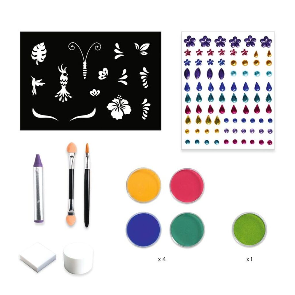 the butterfly face paint look completed with metallic eyeshadow and adhesive gems