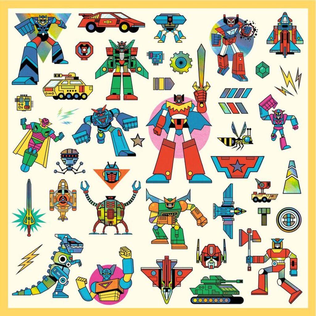 Close-up of a Djeco metallic robot sticker catching the light, showing its fine illustrated detail