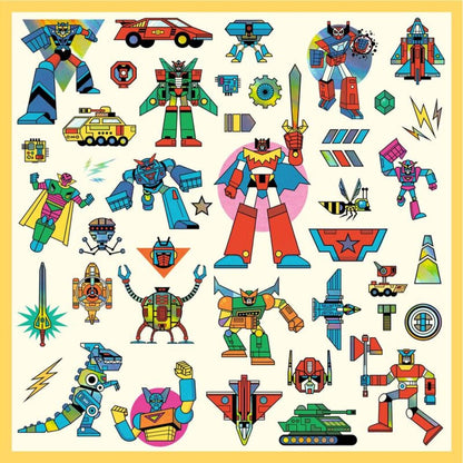 Close-up of a Djeco metallic robot sticker catching the light, showing its fine illustrated detail
