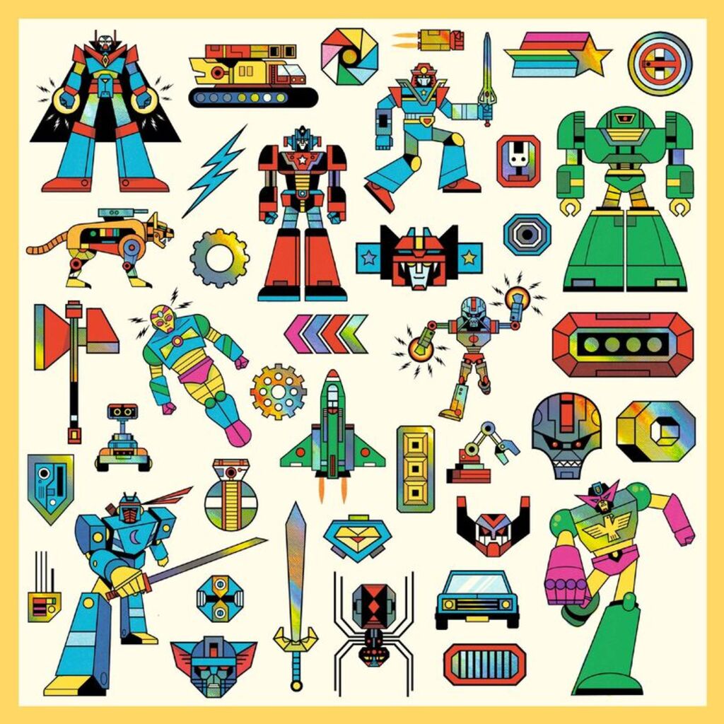Notebook page decorated with Djeco metallic robot stickers to build a whole robot scene