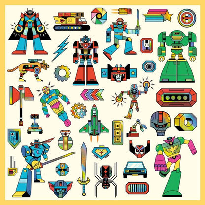Notebook page decorated with Djeco metallic robot stickers to build a whole robot scene