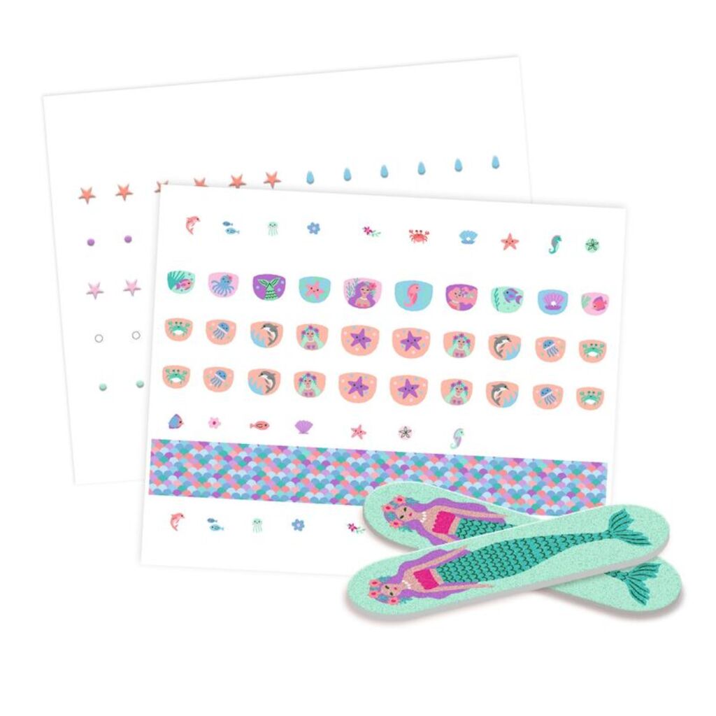 A child's hand with the sea-themed glitter nail stickers applied across all five nails