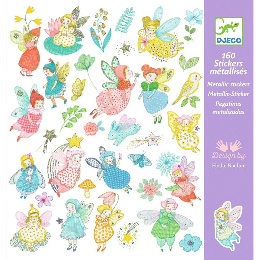 Both fairy sticker sheets laid flat showing wings, elves, flowers and stardust designs