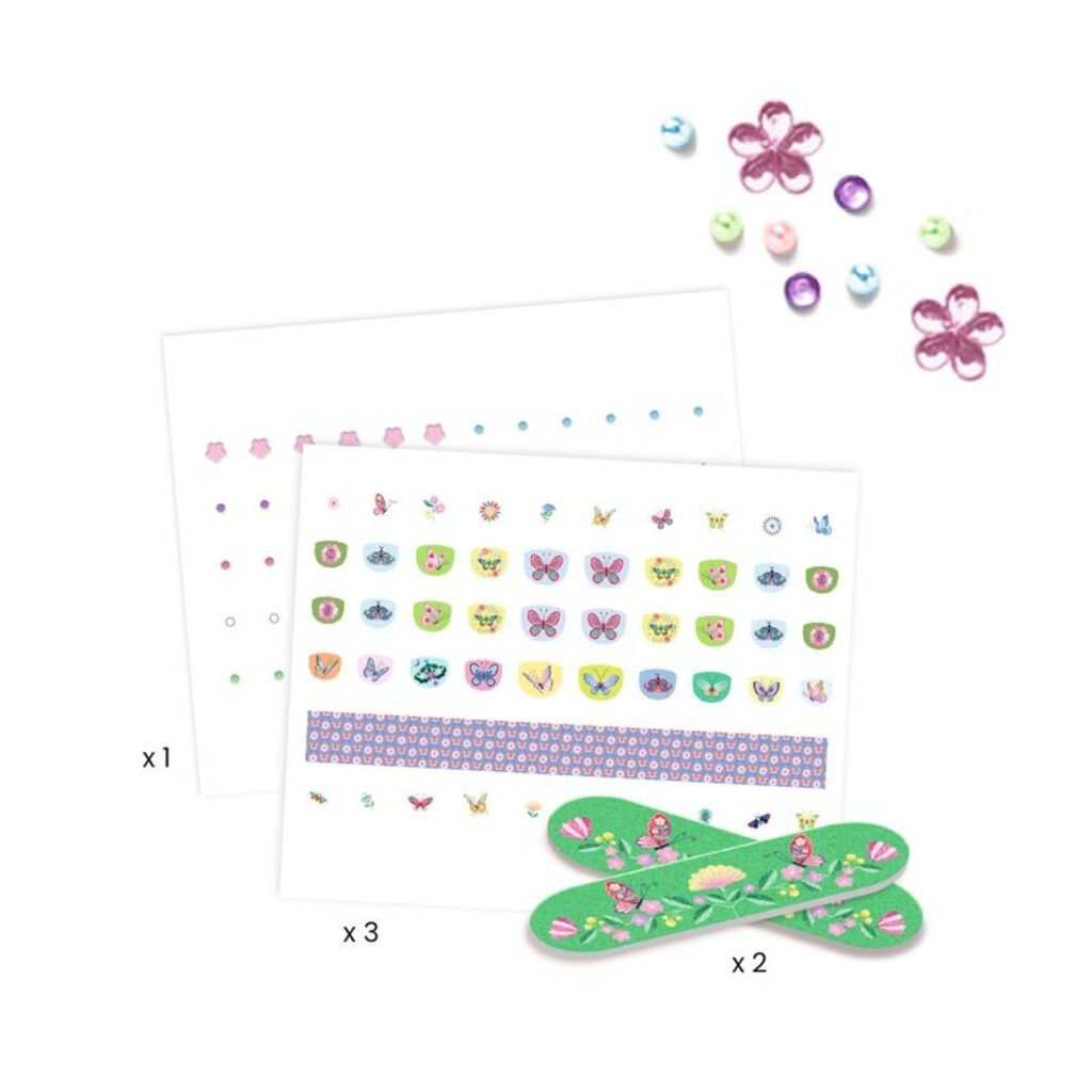 Butterfly and flower nail stickers applied to a child's hand across all five nails