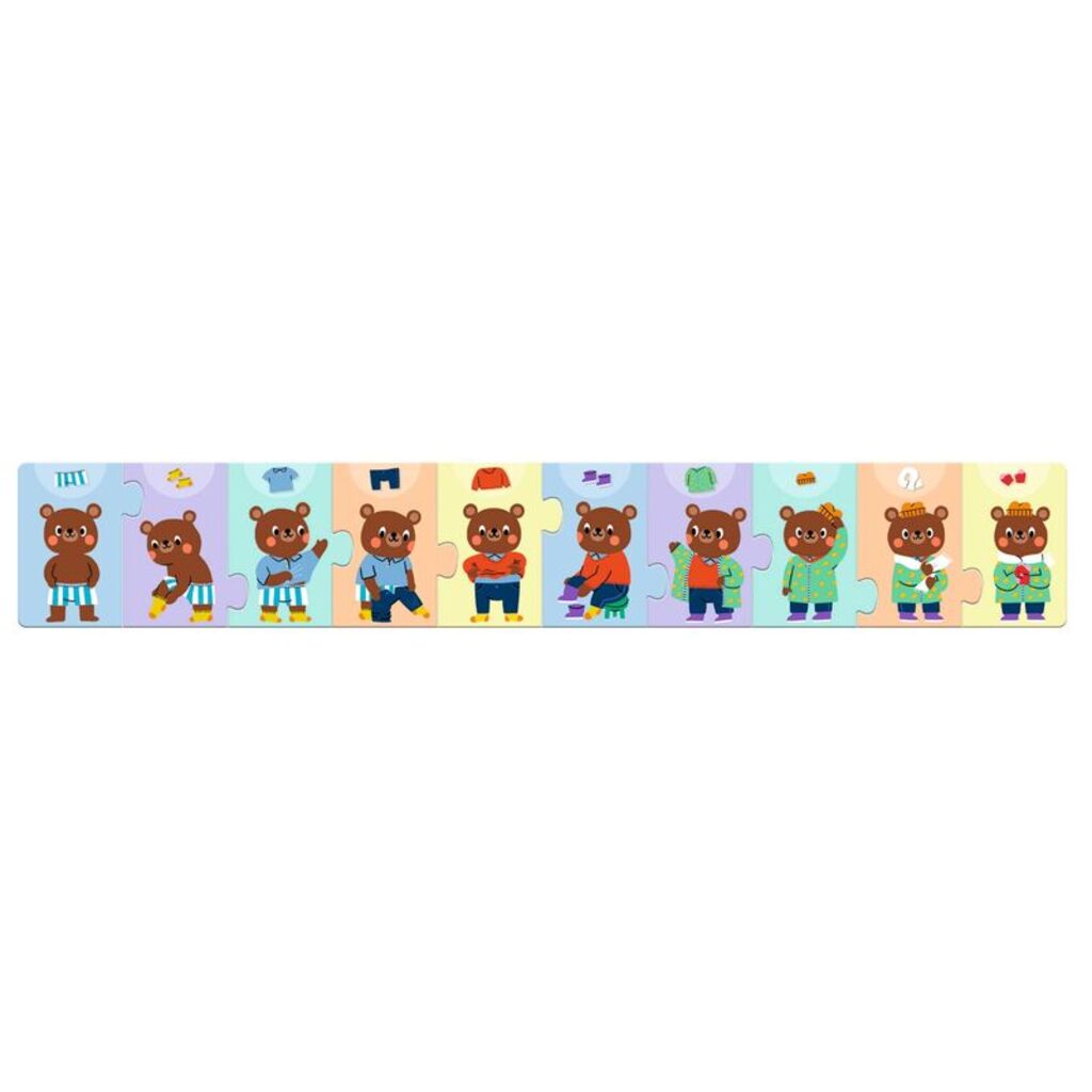 All ten puzzle pieces joined end to end showing the dressing routine in correct order, 72cm lon