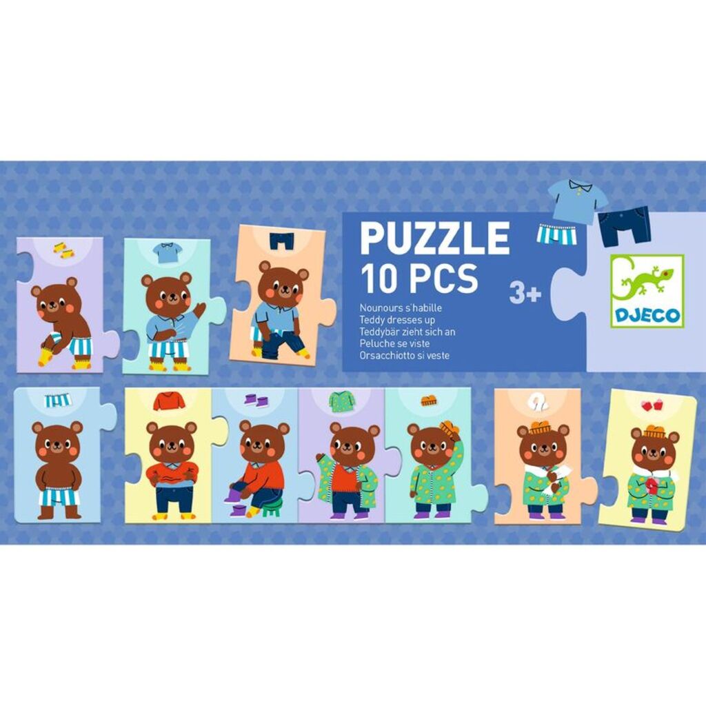Djeco retail box for the Teddy Dresses Up puzzle showing age guidance and piece count