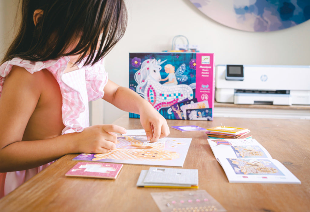 Step-by-step colour instruction booklet from the Djeco Enchanted World mosaic kit for beginner crafters