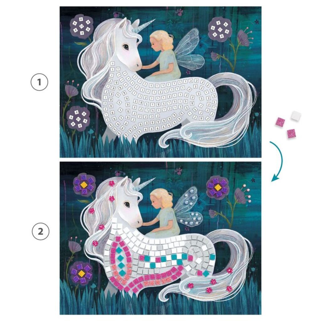 Sheets of self-adhesive glitter foam squares included in the Djeco Enchanted World mosaic craft kit