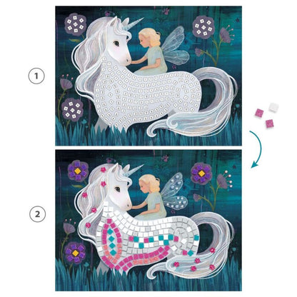 Sheets of self-adhesive glitter foam squares included in the Djeco Enchanted World mosaic craft kit