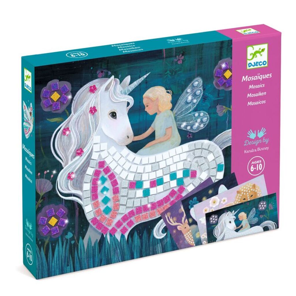 Djeco The Enchanted World mosaic kit for kids with four fairytale boards, glitter foam squares and rhinestones