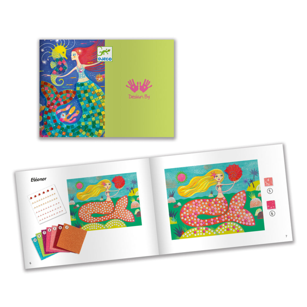 Djeco Mermaid's Song mosaic kit box showing a shimmering ocean scene made from foam mosaic stickers
