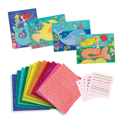 Sheets of self-adhesive glitter foam squares from the Djeco Mermaid's Song mosaic kit