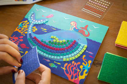 Completed Mermaid's Song mosaic board showing a mermaid surrounded by shimmering ocean colours