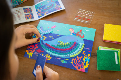 Second finished Djeco Mermaid's Song mosaic featuring sea creatures in glittering foam squares