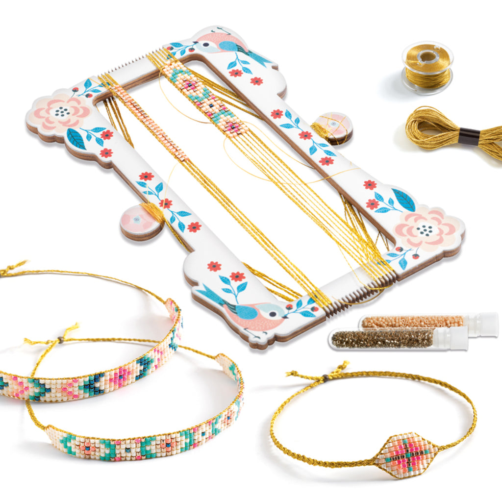 Finished bracelets made with the Djeco Tiny Beads set showing colourful bead patterns