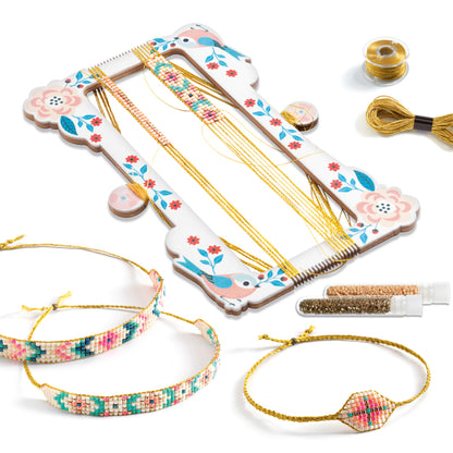 Finished bracelets made with the Djeco Tiny Beads set showing colourful bead patterns