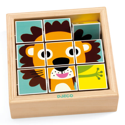 Close-up of the rotating wooden pieces on the Djeco Touranimo puzzle that stay fixed in the frame