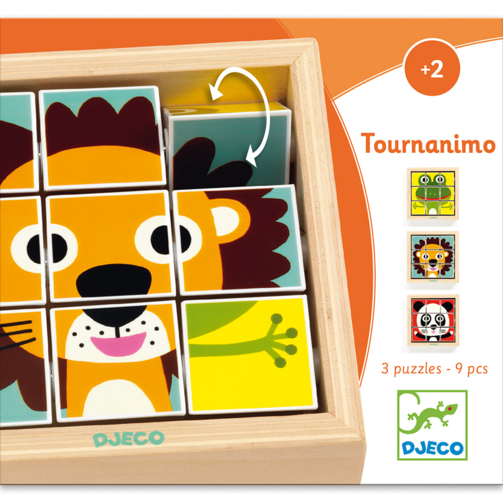 Djeco Touranimo wooden swivel puzzle in its box, a compact travel puzzle for children from 2 years