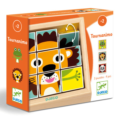 Djeco Touranimo wooden swivel puzzle with turning animal pieces held in a frame, a first puzzle for toddlers