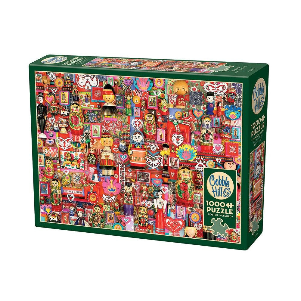 Dollies collage 1000 piece puzzle with colourful traditional dolls and folk art patterns by Cobble Hill