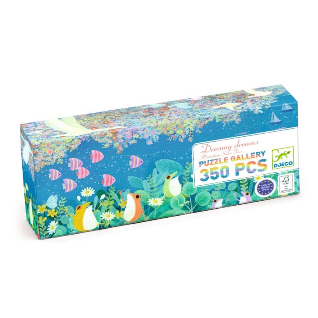 completed Djeco Dreamy Dreams panoramic puzzle showing a gentle fantasy world with swans, rainbows and meadow details
